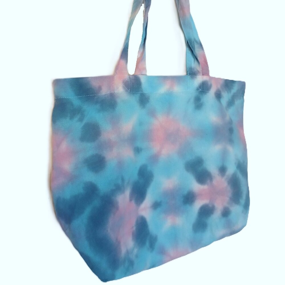 Blue Tie Dye Tote Bag With Pink Colorbursts Cotton Reusable Grocery Bag Handmade